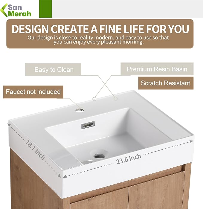 24 inch Bathroom Vanity with Sink, Bathroom Vanity Cabinet W/Resin Sink - Image 3