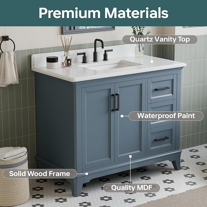 42 Inch Bathroom Vanity with Sink, Fully Assembled Solid Wood Frame Bathroom - Image 3