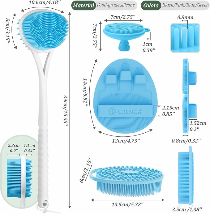 Silicone Back Body Face Scrubbers Set 4PCS, 15.35’’ Back Scrubber Soft Body - Image 2