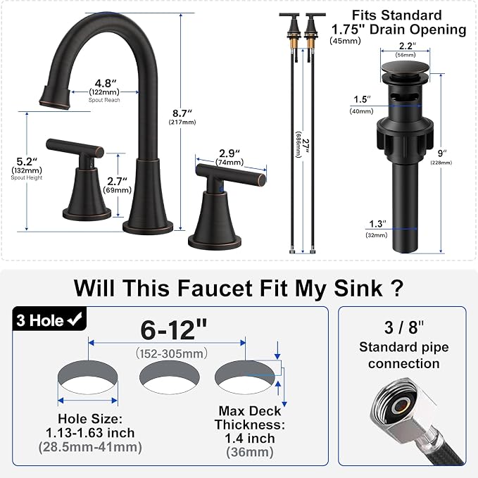 Bathroom Faucets for Sink 3 Hole, Hurran Oil Rubbed Bronze Bathroom Sink Faucet - Image 5