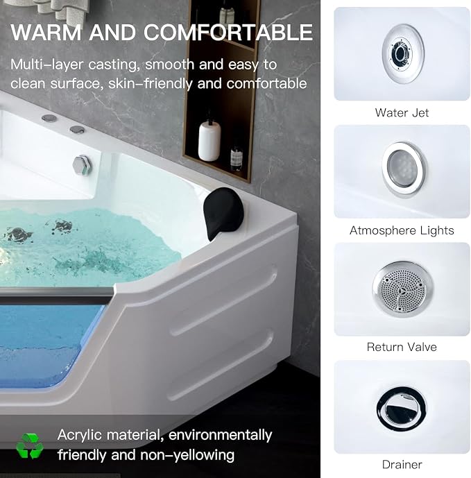 59'' x 59'' Corner Whirlpool Tub- Plastic Acrylic Bathtub - Image 7