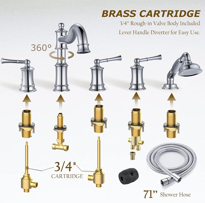 Roman Tub Faucet Set With Handheld Shower 5 Hole Deck Mount Tub Filler With - Image 4