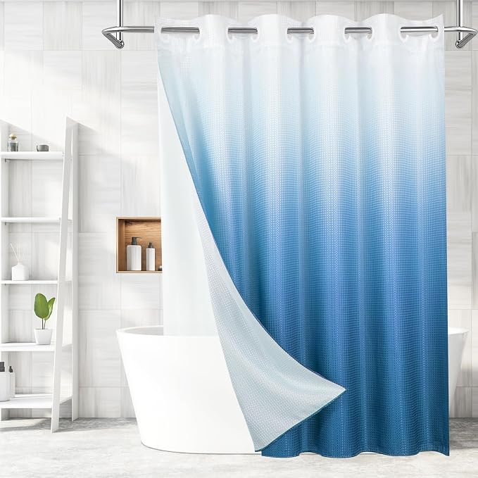 MitoVilla No Hooks Needed Blue Ombre Waffle Shower Curtain Liner Set, Modern by MitoVilla