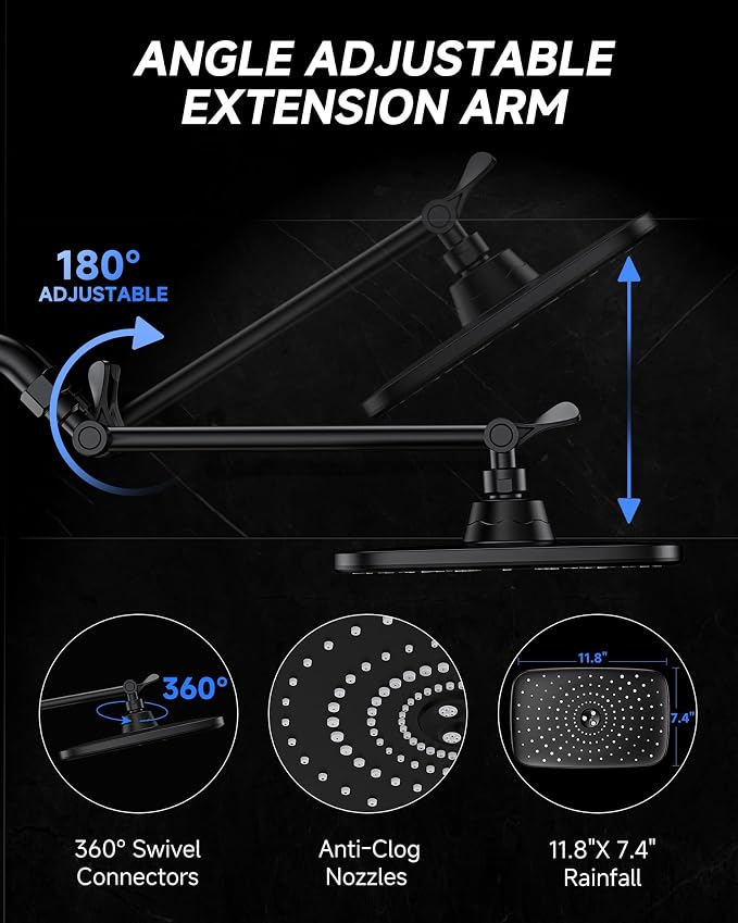 Veken 11.8" Black Rain Shower Head, Rectangular Rainfall Showerheads - Image 4