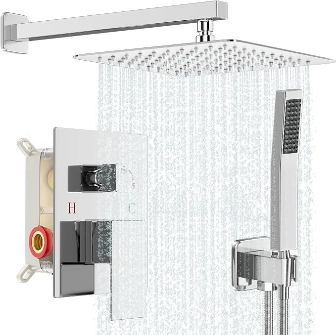 Shower Faucet Set Bathroom Square Rain Shower Head and Handle Set, Wall Mounted by Baetuy