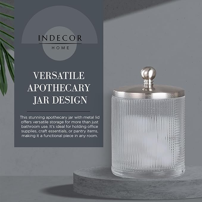 Clear Transparent Apothecary Ribbed Geometric Etched Glass Jar W/Satin Nickel - Image 4