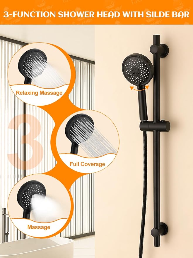 Handheld Shower Head with Slide Bar, 2.5GPM High Pressure 3-Function Adjustable - Image 2