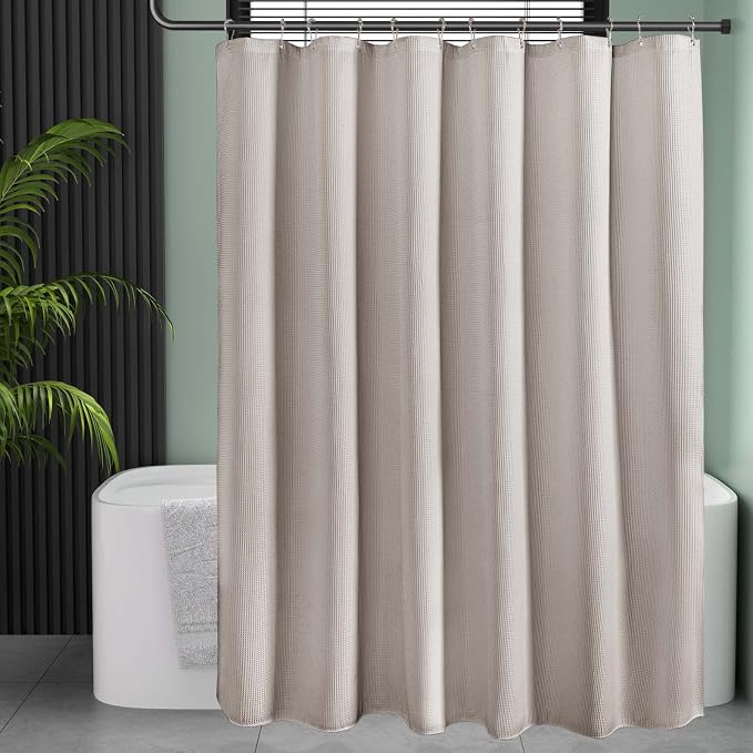 AmazerBath Waffle Shower Curtain 78 Inches Long, Khaki Shower Curtain Fabric - Image 2