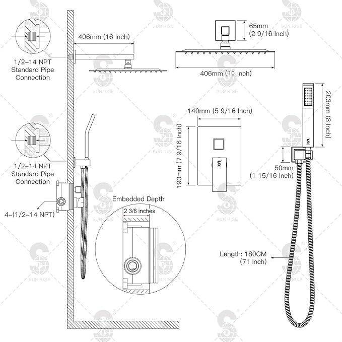 SR SUN RISE ORB Square Rainfall Shower Head and Handle Set, Wall Mounted Shower - Image 8