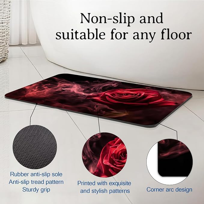 Elightvap Red Rose Bathroom Mat Quick Drying Non Slip Bath Mats Absorbent - Image 4