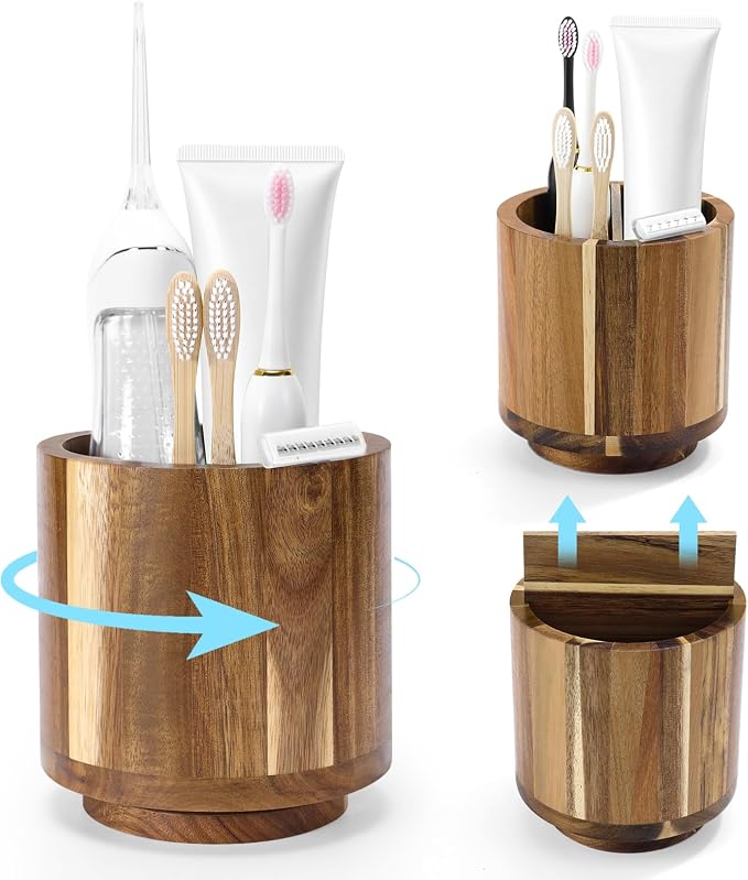 Toothbrush Holders for Bathrooms, Toothbrush Cup, Wooden Bathroom Cup by UJQSUN