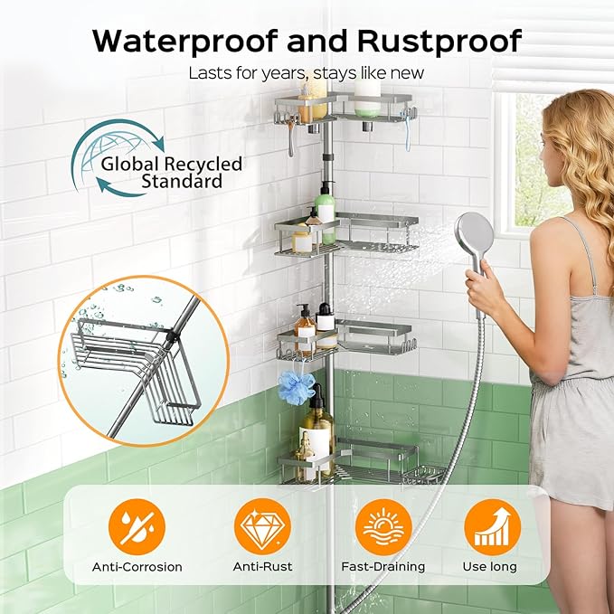 HAMITOR Shower Caddy Tension Pole: 4-Tier Corner Rustproof Bathroom Organizer - Image 2