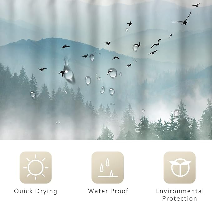 Riyidecor Rustic Green Mountain Shower Curtain - Image 5