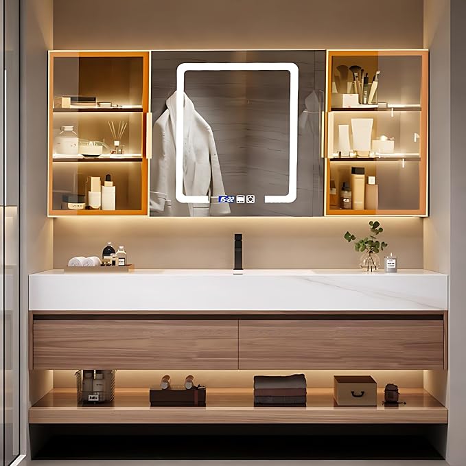 Single Sink Bathroom Vanity, Bathroom Cabinet has LED Lights Fog Mirror & Solid by NAIROLET