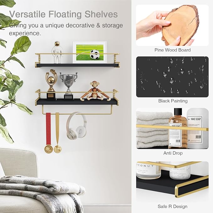 Forbena Black and Gold Bathroom Floating Shelves - Image 6