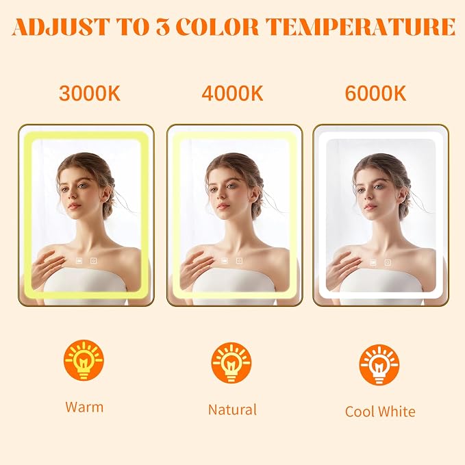 LED Bathroom Mirrors with Lights, 3 Colors Dimmable, Touch Sensor - Image 5