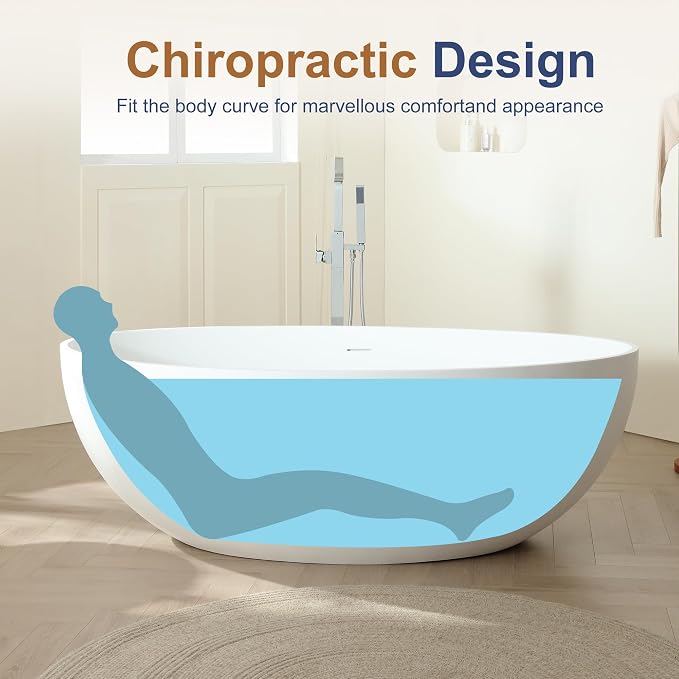 SJ STAR&JANE 67" x 39" Matte White Solid Surface Freestanding Bathtub, Oval - Image 7