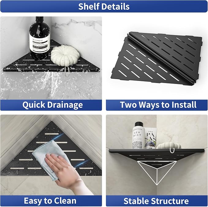 Corner Shower Shelf 10" Matte Black 304 Stainless Steel Slot Design Recessed - Image 2
