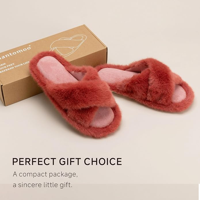 Chantomoo Womens Slippers Memory Foam Fuzzy Cross Band Faux Fur Slippers - Image 4