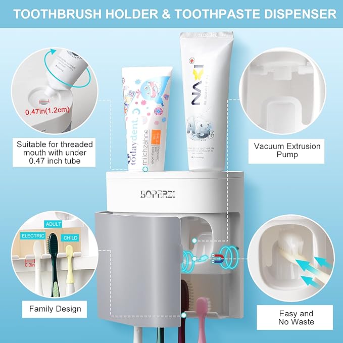Boperzi Toothbrush Holder Wall Mounted Toothpaste Dispenser Gray Dustproof Cover - Image 3