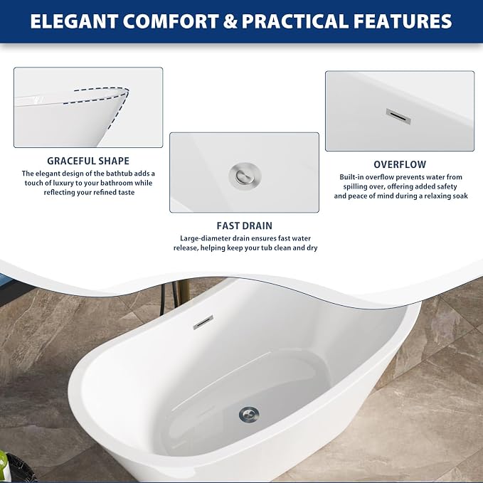 Sarlai 59 Inch Acrylic Freestanding Soaking Bathtub Contemporary Soaking White - Image 7
