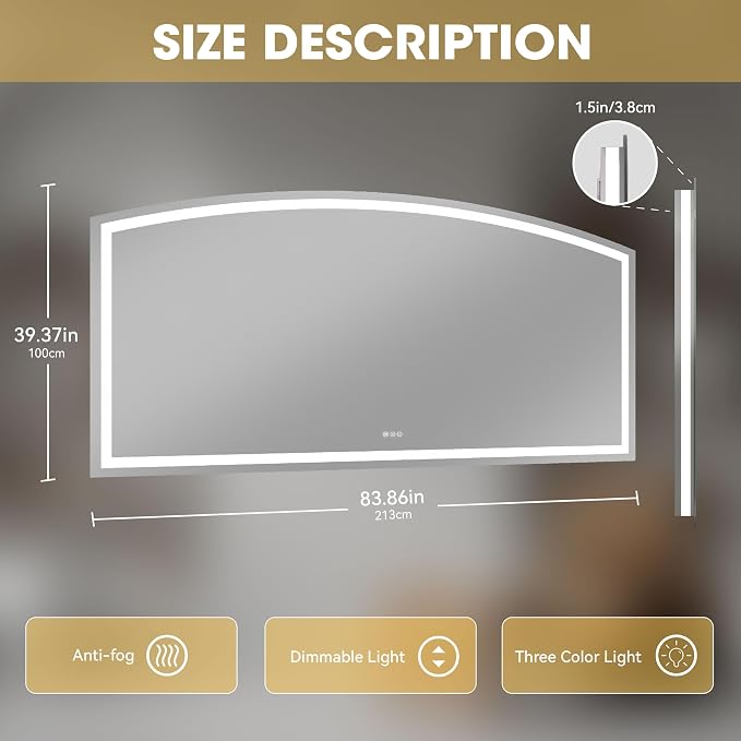 Hasipu 84" x 40" Arch LED Bathroom Mirror, Frontlit Wall-Mounted Vanity Mirror - Image 2