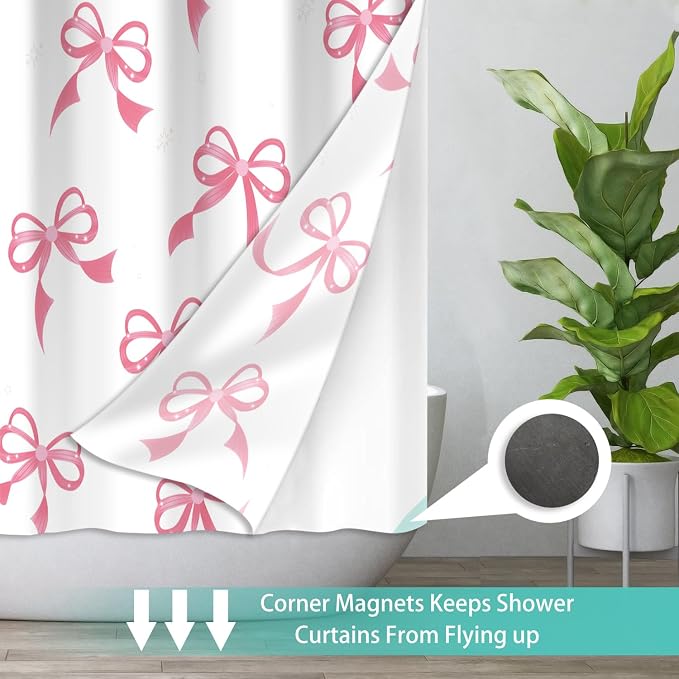 Cute Pink Bow No Hook Shower Curtain Set - Image 3