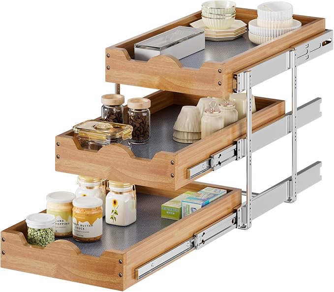 OCG Pull Out Cabinet Drawer 11" W x 21" D, 3 Tier Pull Out Cabinet Organizer by OCG