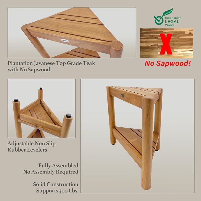 Asta Select Solid Teak Corner Shower Stool, Poratble Teak Wood - Image 4