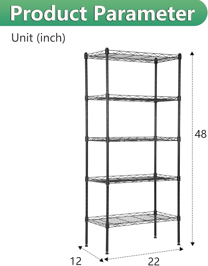 BestOffice | 5-Tier Wire Storage Shelves | 22x12x48 | Black | - Image 3