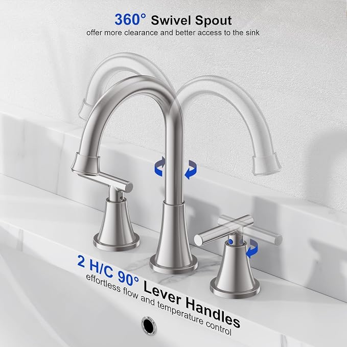 Bathroom Faucets for Sink 3 Hole, Hurran Brushed Nickel Bathroom Sink Faucet - Image 3