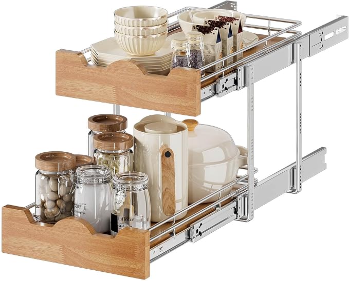 OCG Pull Out Cabinet Organizer 11" W x 21" D, 2 Tier Slide Out Shelf, by OCG