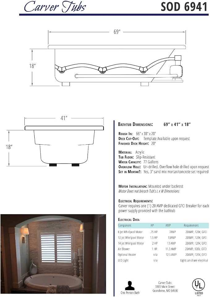 Carver Tubs - SOD6941 - Modern Fiberglass Whirlpool Water Massage Bathtub - Image 7