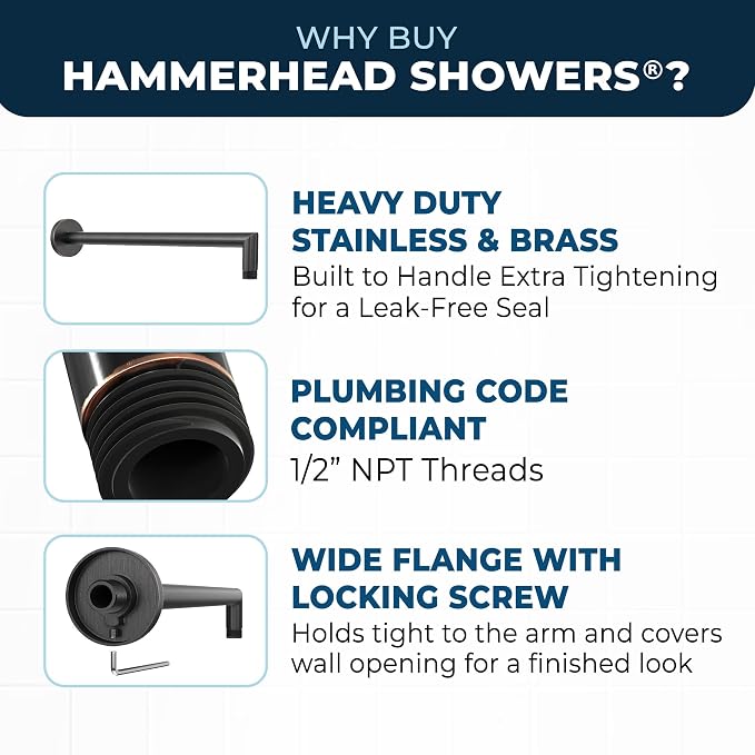 HammerHead Showers® Solid Metal 16 Inch Extended Shower Arm and Flange - Image 2