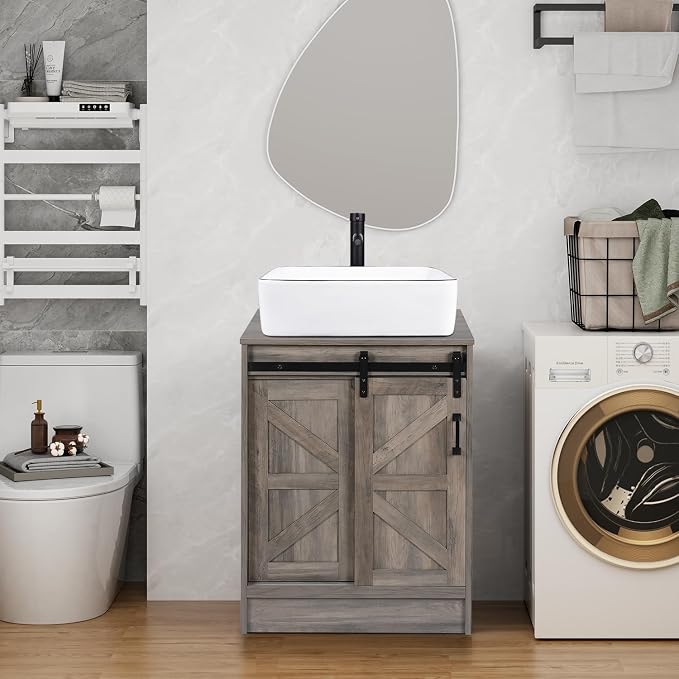 24 Inch Barn Door Bathroom Vanity, Farmhouse Style Standing Pedestal Cabinet by Solidee