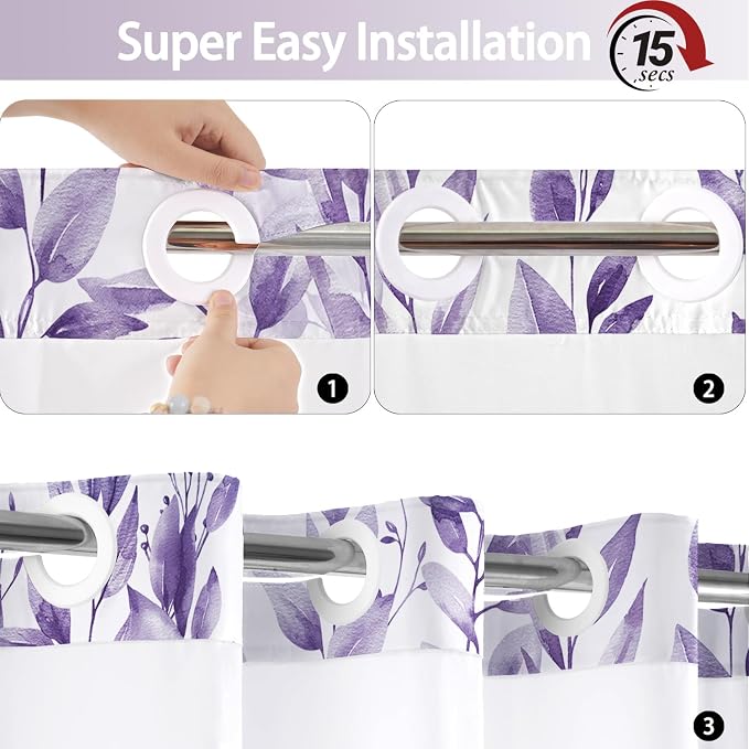 No Hook Shower Curtain and Liner Set, Light Purple Eucalyptus Floral Shower - Image 4