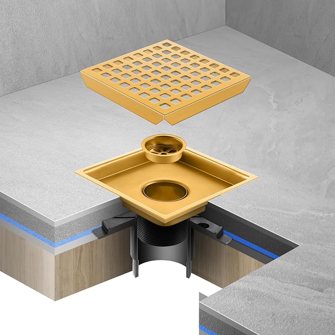 Shower Drain, Brushed Gold 6 inch Shower Floor Square Drain - Image 5