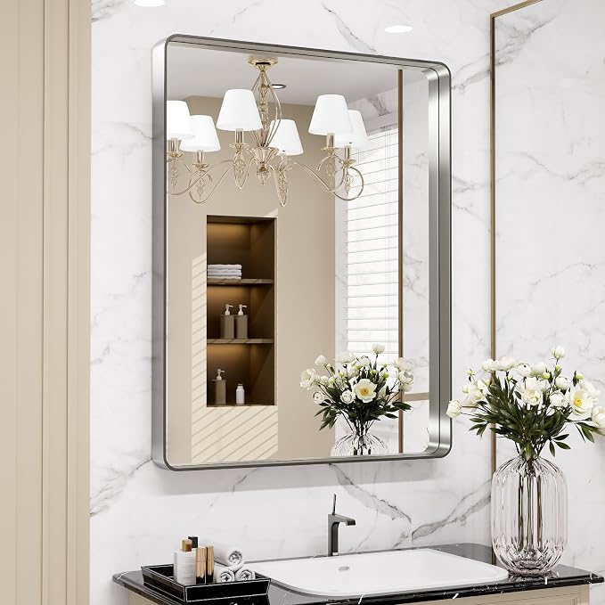 LOAAO 22X30 Inch Brushed Nickel Bathroom Mirror, Rounded Rectangle Silver Metal - Image 7