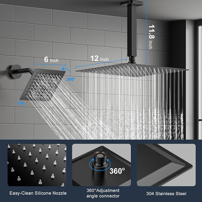 Shower Faucet Set, 3-Setting Push Button Matte Black Shower System, 12 Inch - Image 4