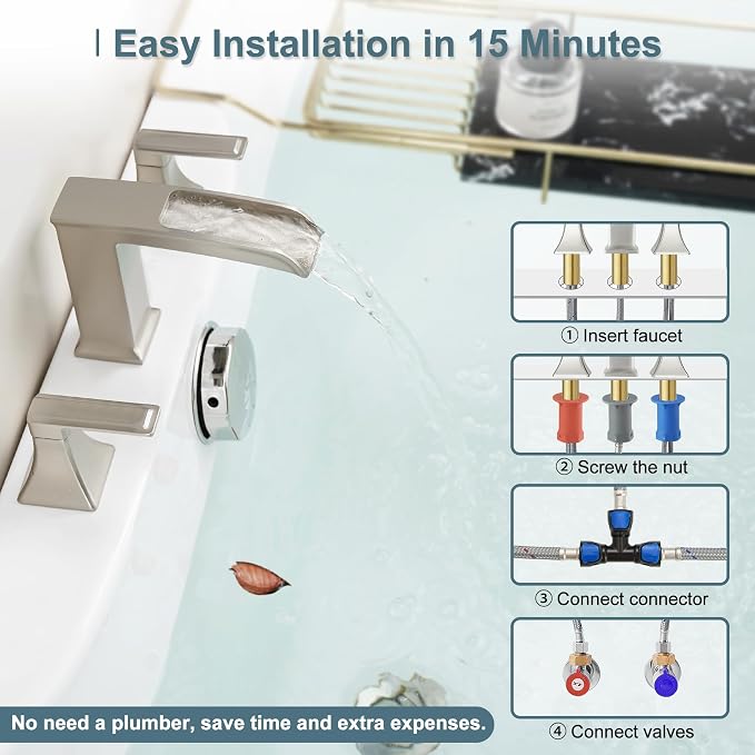Waterfall Tub Faucet Brushed Nickel Bathtub Faucet 3 Hole, Brass High Pressure - Image 6
