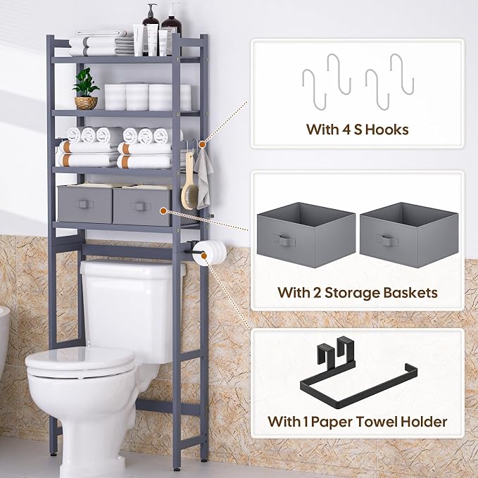 Over The Toilet Storage with 2 Baskets, 4-Tier Bamboo Organizer Rack with Paper - Image 4