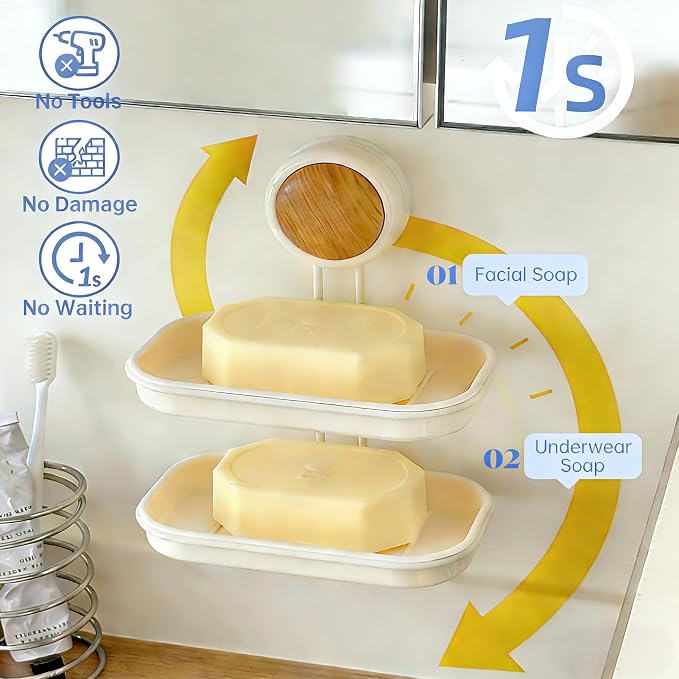 Dual-Suction Soap Dish Holder, Wall-Mounted No Drill Soap Saver - Image 2
