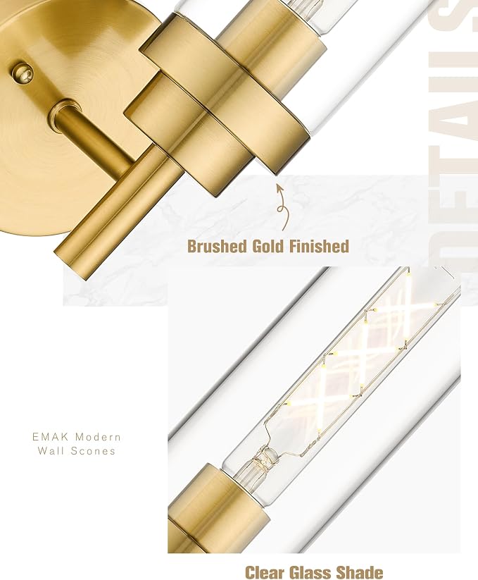 Emak Brushed Gold Sconces Wall Decor Set of 2, Modern Bathroom Light Fixtures - Image 3