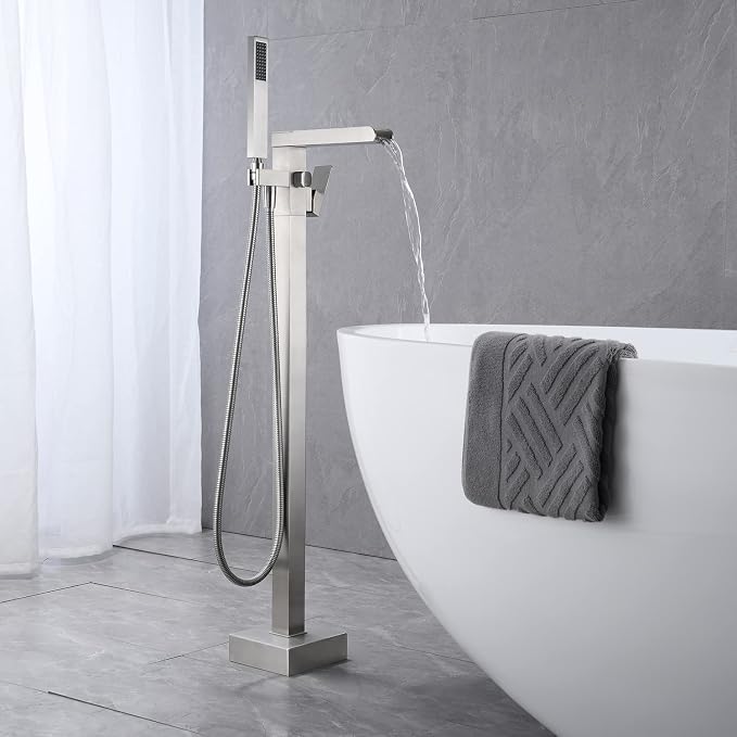 Freestanding Bathtub Faucet Waterfall Tub Filler Brushed Nickel Floor Mount - Image 3