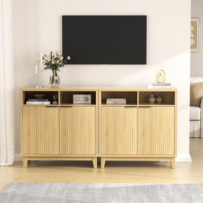 Fluted Cabinet with Doors, Modern Accent Storage Cabinet with Solid Wood Legs & - Image 8