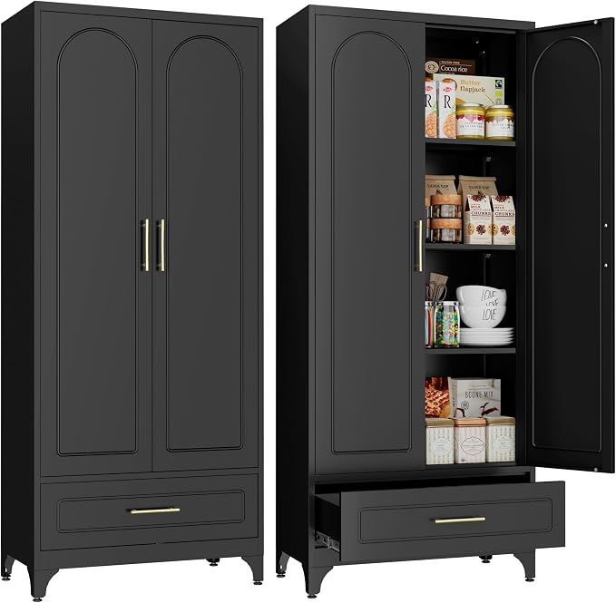 Metal Storage Cabinet with Drawers, 75Inch Black Pantry Cabinets by Steeloong