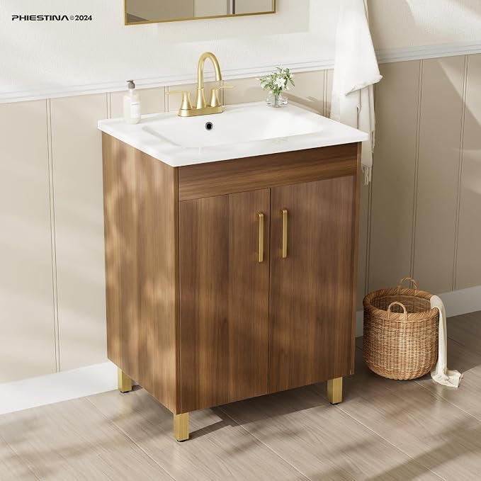 phiestina 24 Inch Walnut Small Bathroom Vanity, Fully Pre-Assembled Bathroom - Image 2