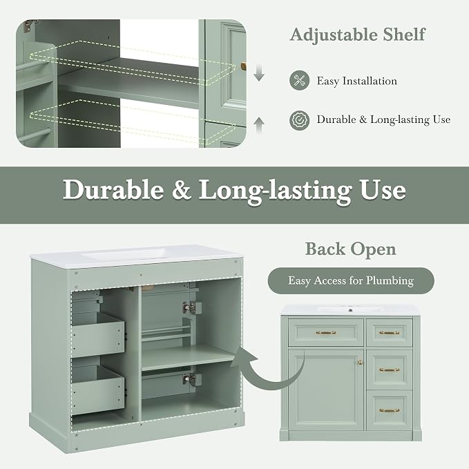 36 in Bathroom Vanity with Sink, Drawers and Flip-Out Drawers, Modern Solid - Image 9