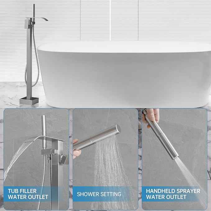RUMOSE Tub Filler Freestanding Bathtub Faucet Brushed Nickel Floor Mount Tub - Image 2