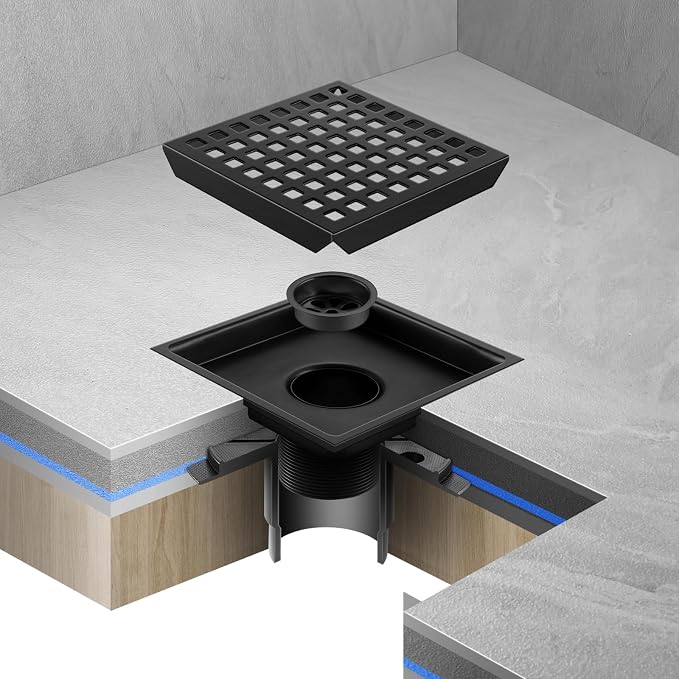 Shower Drain, Matte Black 6 inch Square Shower Floor Drain - Image 5